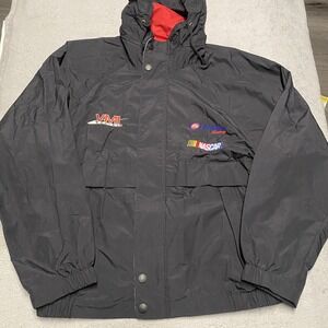 Nascar Windbreaker Jacket Mens L‎ Black 24 Hour Fitness VMI Racing Hidden Hood